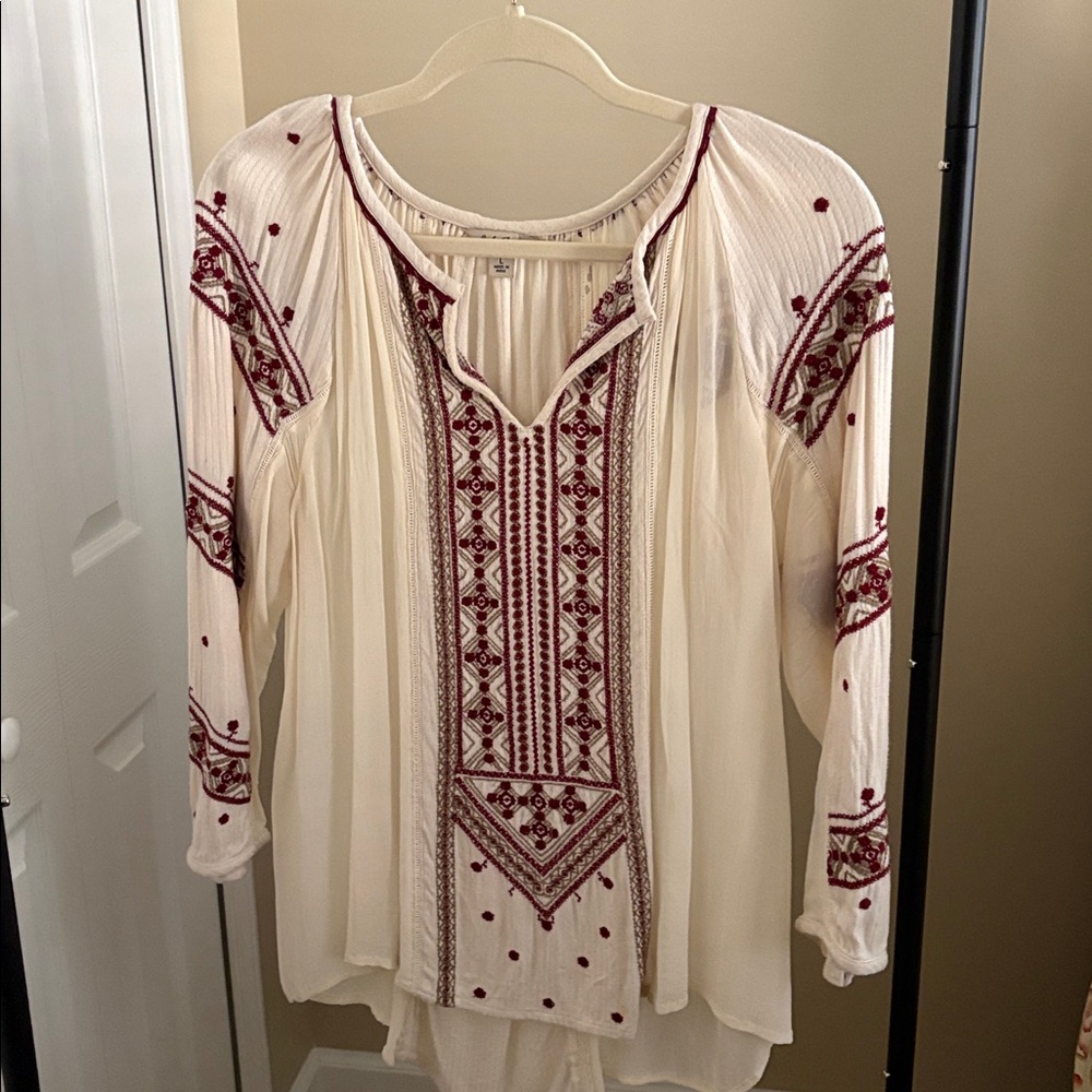 Lucky Brand Cream and Red Embroidered Top